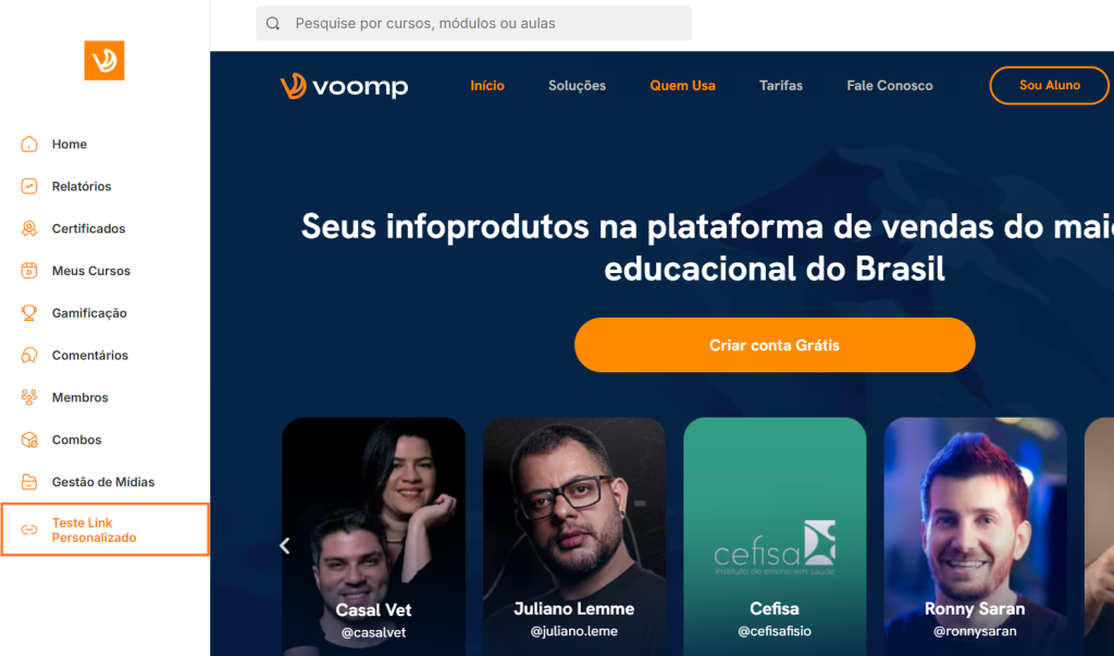 Mostrar como funciona a visualização da ferramenta de links personalizados no menu principal.