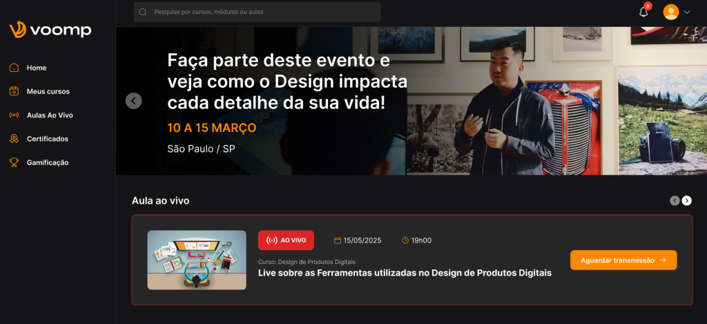 Mostrar o painel das aulas ao vivo.