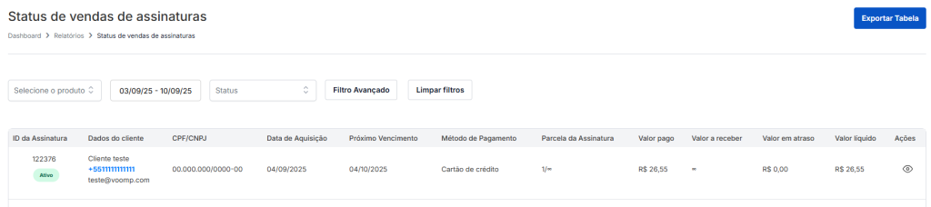 Mostrar a ferramenta de relatório de status de assinatura